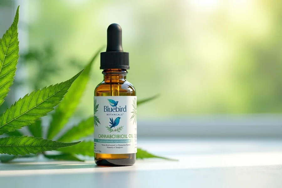 Frasco de óleo de canabidiol importado Bluebird 5% com conta-gotas, sobre fundo azul com folhas de cannabis
